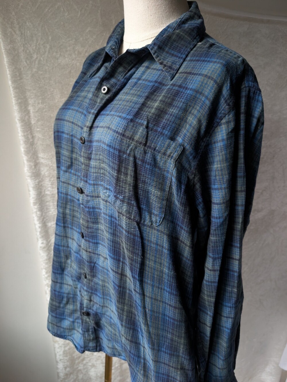 Vtg Lands End Blue Green Plaid Button Down Long Sleeve Women's Large